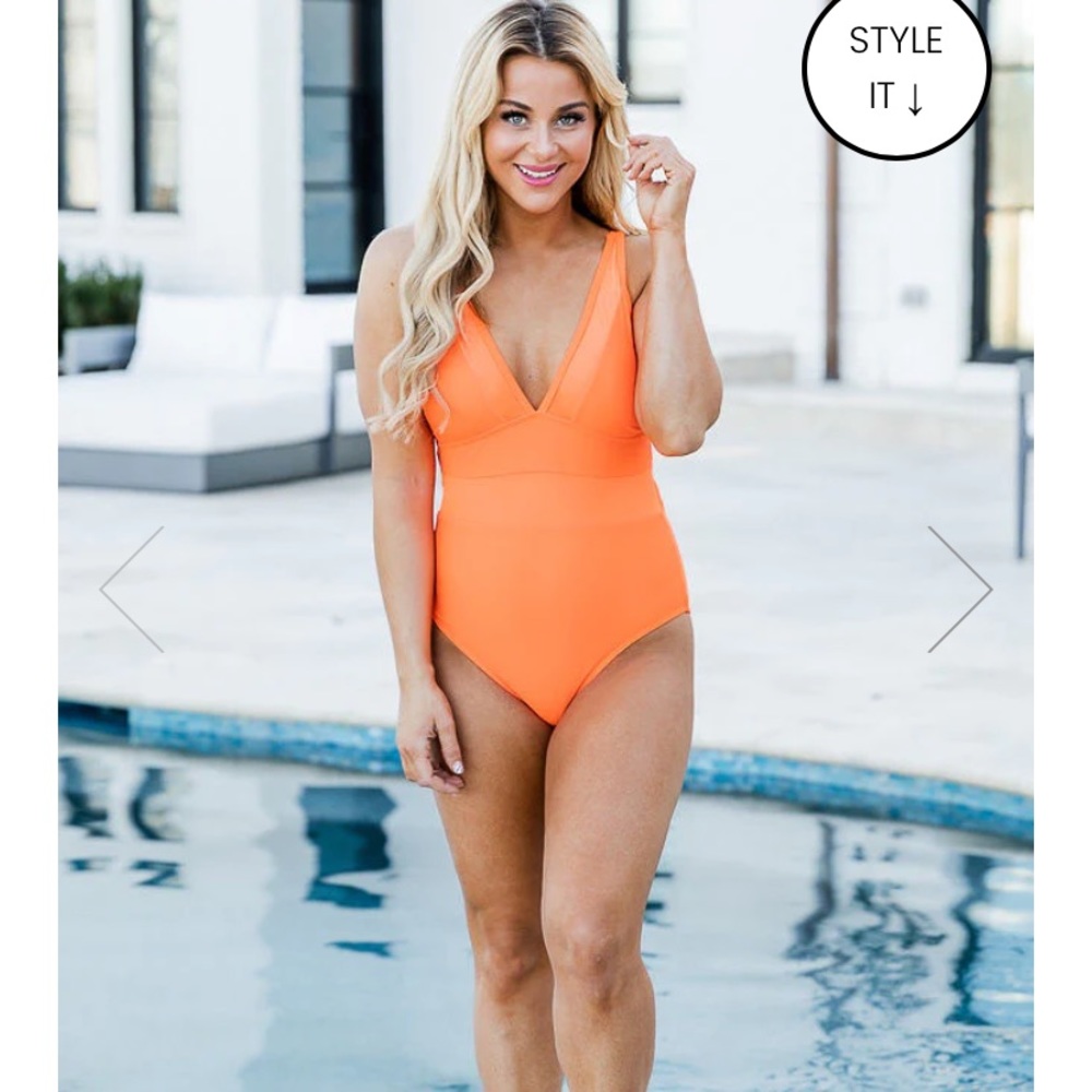 NWT Pink Lily Lost in the Waves Bright Orange V-Neck swimsuit sz M